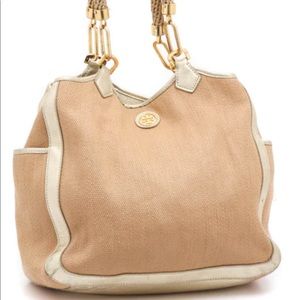 Tory Burch Natural & Gold Channing Straw & Leather Tote